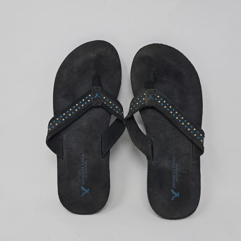 American Eagle Outfitters Womens Black Suede Flip Flop Sandals Polka Dot Straps